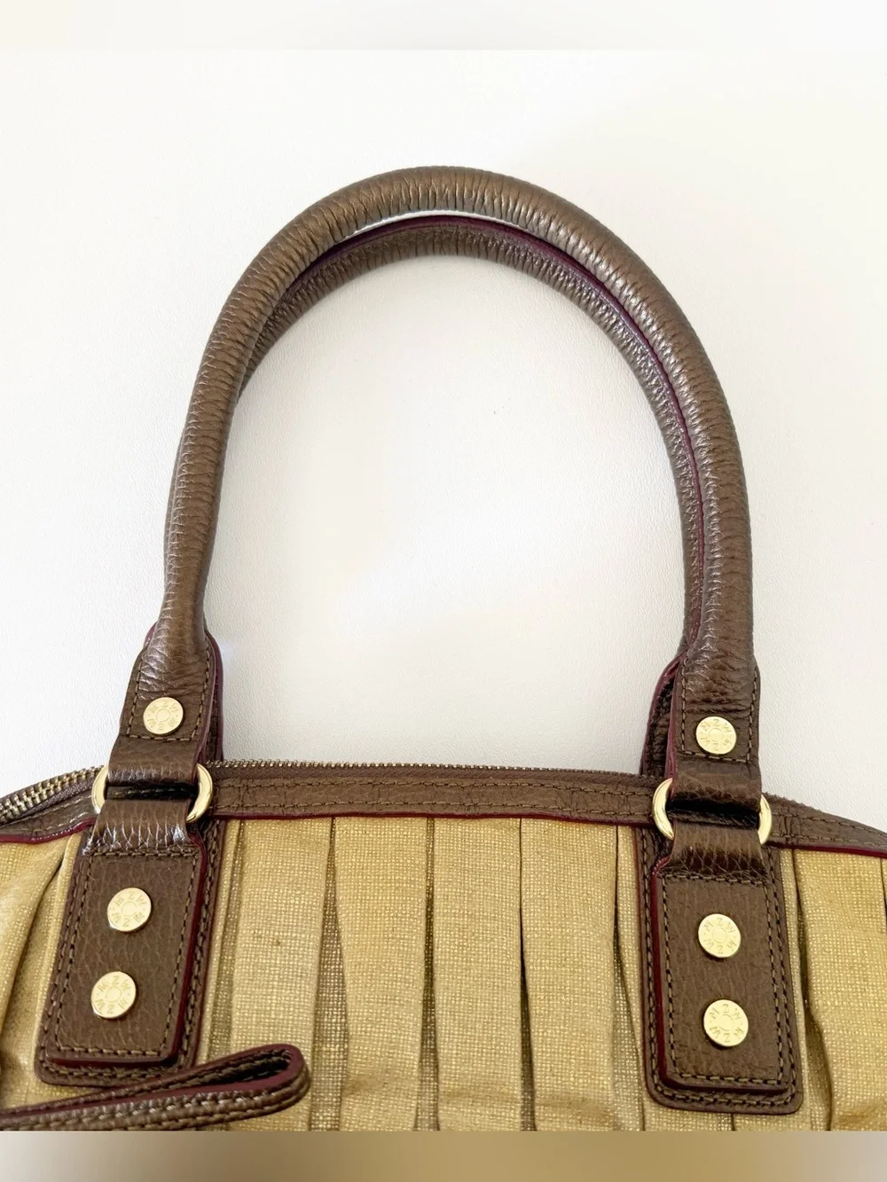 MZ Wallace Bag Bedford Bea Leather Pleated Canvas Satchel Metallic Gold - Picture 10 of 16